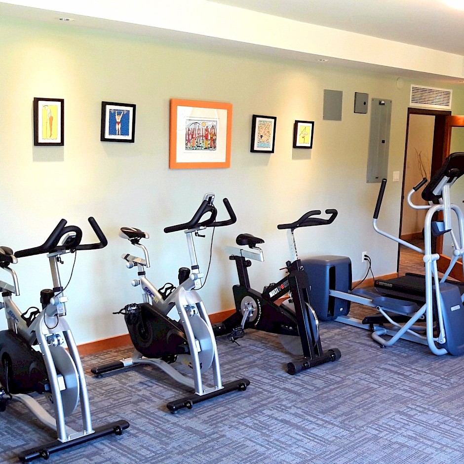 A fully equipped gym at Tyax Lodge with stunning lake and mountain views, featuring a home gym system, dumbbells, treadmill, elliptical, bikes, rowing machine, and punching bag.